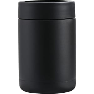 A drink bottle in matte black with a sleek cylindrical design and a fitted lid. It features a logo.