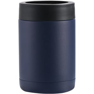 A drink bottle in navy blue with a black lid and a smooth finish. It features a logo on the body.