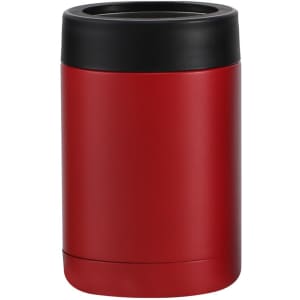A drink bottle in red with a black lid, featuring a simple cylindrical design and a logo on the side.