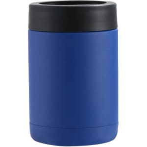 A drink bottle in a deep blue colour with a black lid and a sleek, cylindrical design. Features branding.