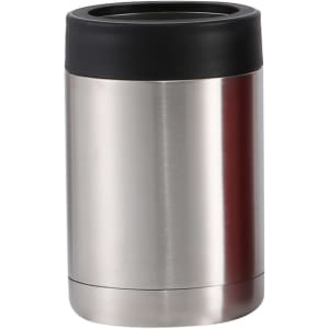 A silver drink bottle with a black lid, featuring a smooth metallic finish and a simple design. It has a logo on it.