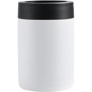 A drink bottle in white with a black lid. The bottle has a simple, modern design and features a logo.