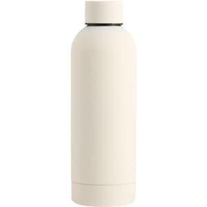 A drink bottle in a sleek cream colour with a smooth finish and a removable cap, featuring a logo.