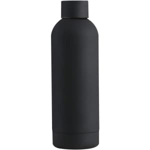 A drink bottle in matte black with a sleek, minimalist design and a rounded shape. It features a logo.
