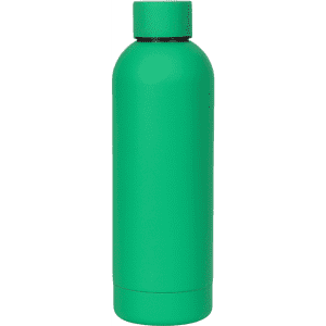 A drink bottle in a vibrant green colour with a simple design and a matching screw-on lid. It features a logo.