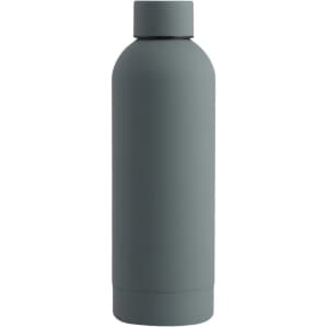 A drink bottle in matte grey with a minimalist design and a simple logo on the side.
