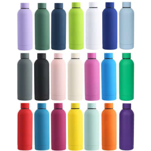A drink bottle collection in various colours, including purple, green, blue, pink, and black, featuring branding.