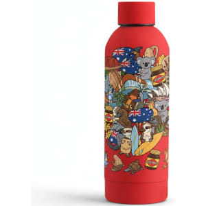 A drink bottle in vibrant red featuring various Australian animals and icons, with a logo on the side.