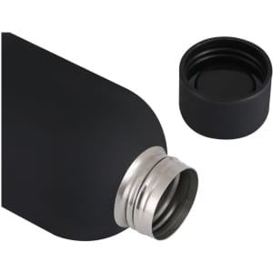 A drink bottle with a sleek black finish and a silver stainless steel opening, alongside its matching cap.