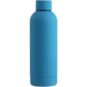 A drink bottle in a bright blue colour with a sleek design and a logo on the side.