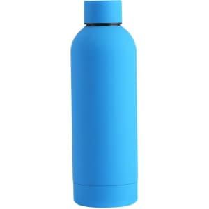 A drink bottle in bright blue, featuring a sleek design and a logo on the surface.