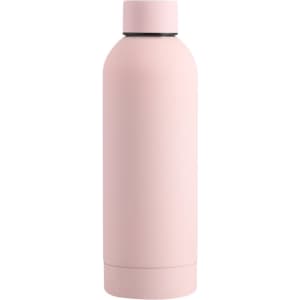 A drink bottle in a soft pink colour, featuring a smooth surface and a modern design. It has a logo on the side.