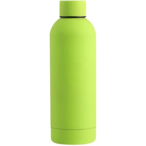 A drink bottle in vibrant lime green with a smooth, matte finish and a screw-top lid, featuring a logo.