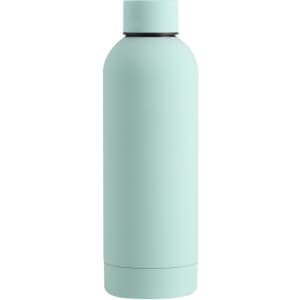 A drink bottle in a soft mint green colour with a sleek, minimalist design and a logo on the side.