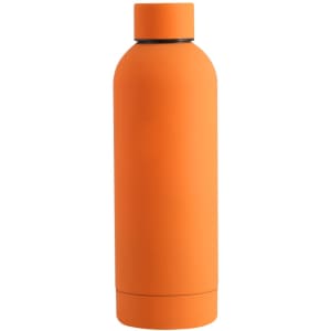 A drink bottle in a vibrant orange colour with a smooth matte finish and a fitted cap, featuring a logo.