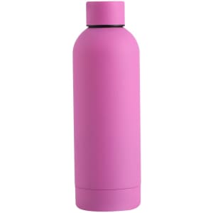 A drink bottle in vibrant pink with a smooth finish and a secure lid, featuring a logo on the side.