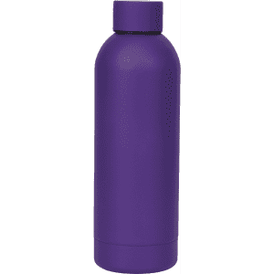 A drink bottle in vibrant purple, featuring a sleek design and a cap. It has a logo on the side.