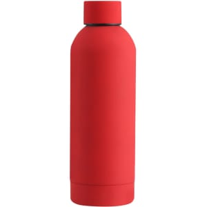 A drink bottle in vibrant red, featuring a sleek design and a cap. It includes a logo on its surface.