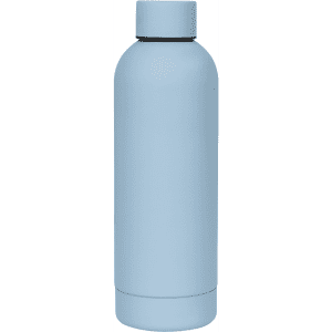 A drink bottle in a soft blue colour with a sleek, rounded design and a black rim, featuring a logo.