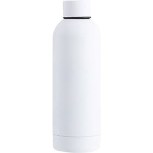 A drink bottle in a sleek white finish with a black accent and a simple design. It features a logo.