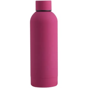 A drink bottle in vibrant pink with a sleek design and a black cap. It features a logo on the surface.