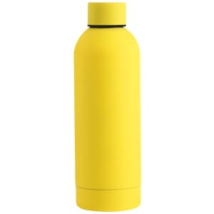A drink bottle in vibrant yellow with a sleek design and a black cap, featuring a logo.