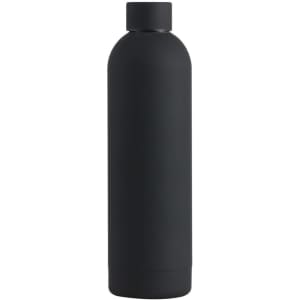 A drink bottle in matte black, featuring a sleek, cylindrical design and a closure at the top. It has a logo.