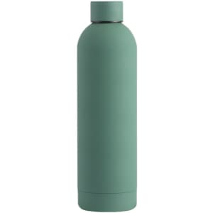 A drink bottle in a matte green finish with a sleek design and a cap, featuring a logo.