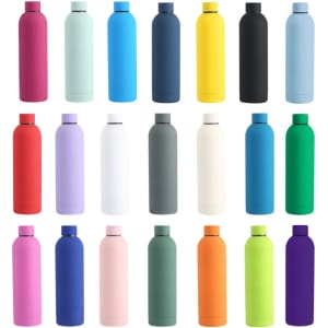 A drink bottle collection featuring various colours including pink, teal, navy, yellow, black, and green. Each bottle has a logo.