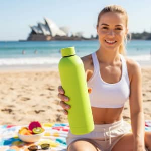 A drink bottle in bright green held by a smiling woman on a beach, with the Sydney Opera House in the background.