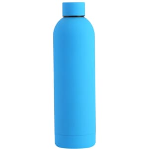 A drink bottle in a vibrant blue colour with a sleek, smooth design and a black lid.