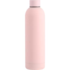 A drink bottle in soft pink with a minimalist design and a matching screw-top lid. It features a logo.