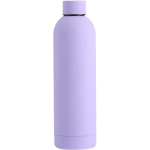 A drink bottle in a soft lavender colour with a sleek, minimalist design and a logo on the side.