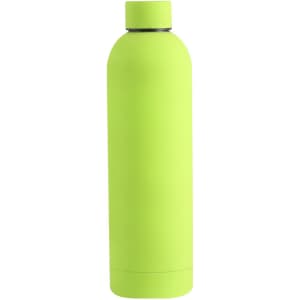 A drink bottle in bright lime green with a sleek, smooth surface and a screw-top lid. It features a logo.