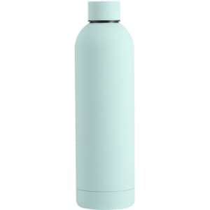 A drink bottle in a light mint green colour, featuring a sleek, cylindrical design and a cap. It has a logo.