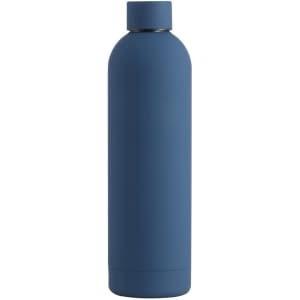 A drink bottle in matte navy blue, featuring a cylindrical shape and a screw-on lid. It has a branding logo.