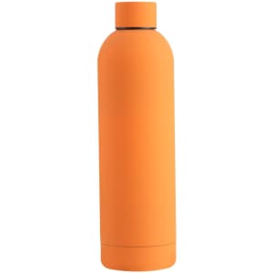 A drink bottle in vibrant orange, featuring a sleek design and a logo.