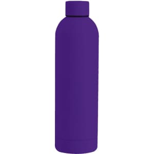 A drink bottle in a vibrant purple colour with a rounded shape and a screw-on lid. It features a logo.