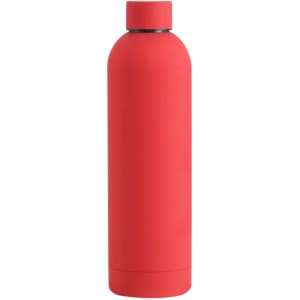 A drink bottle in vibrant red with a sleek, smooth finish and a logo on the side.