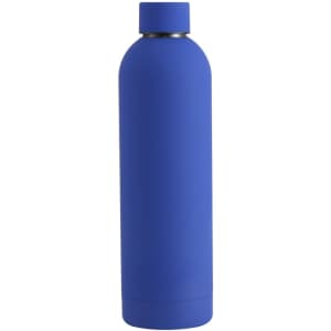 A drink bottle in vibrant blue with a sleek, smooth design and a matching cap, featuring a logo on the body.
