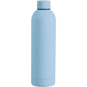 A drink bottle in light blue with a sleek design and a matching cap. It features a branding logo.