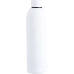 A drink bottle in white with a sleek, minimalist design and a black lid, featuring a logo on the side.