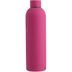 A drink bottle in a vibrant pink hue with a sleek, smooth design and a cap. Features a logo on the bottle.