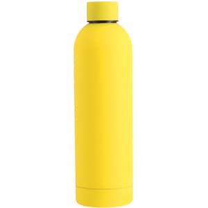 A drink bottle in bright yellow, featuring a sleek design and a fitted cap. It has a logo on the surface.