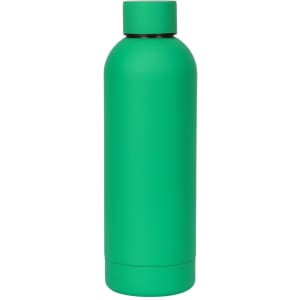 A drink bottle in a vibrant green colour with a sleek design and a black lid, featuring a logo.