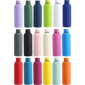 A drink bottle collection featuring various colours, including purple, green, white, blue, pink, and orange, with logos.
