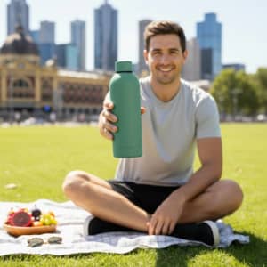 A drink bottle in green held by a smiling man sitting on grass with a city skyline in the background.