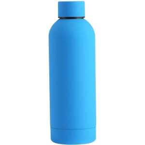 A drink bottle in a vibrant blue colour with a smooth, matte finish and a screw-top lid. It features a logo.