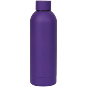 A drink bottle in a matte finish, featuring a sleek design and a vibrant purple colour. It has a logo on the surface.