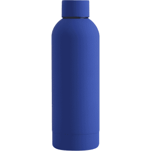 A drink bottle in a solid blue colour, featuring a sleek design and a logo on the body.